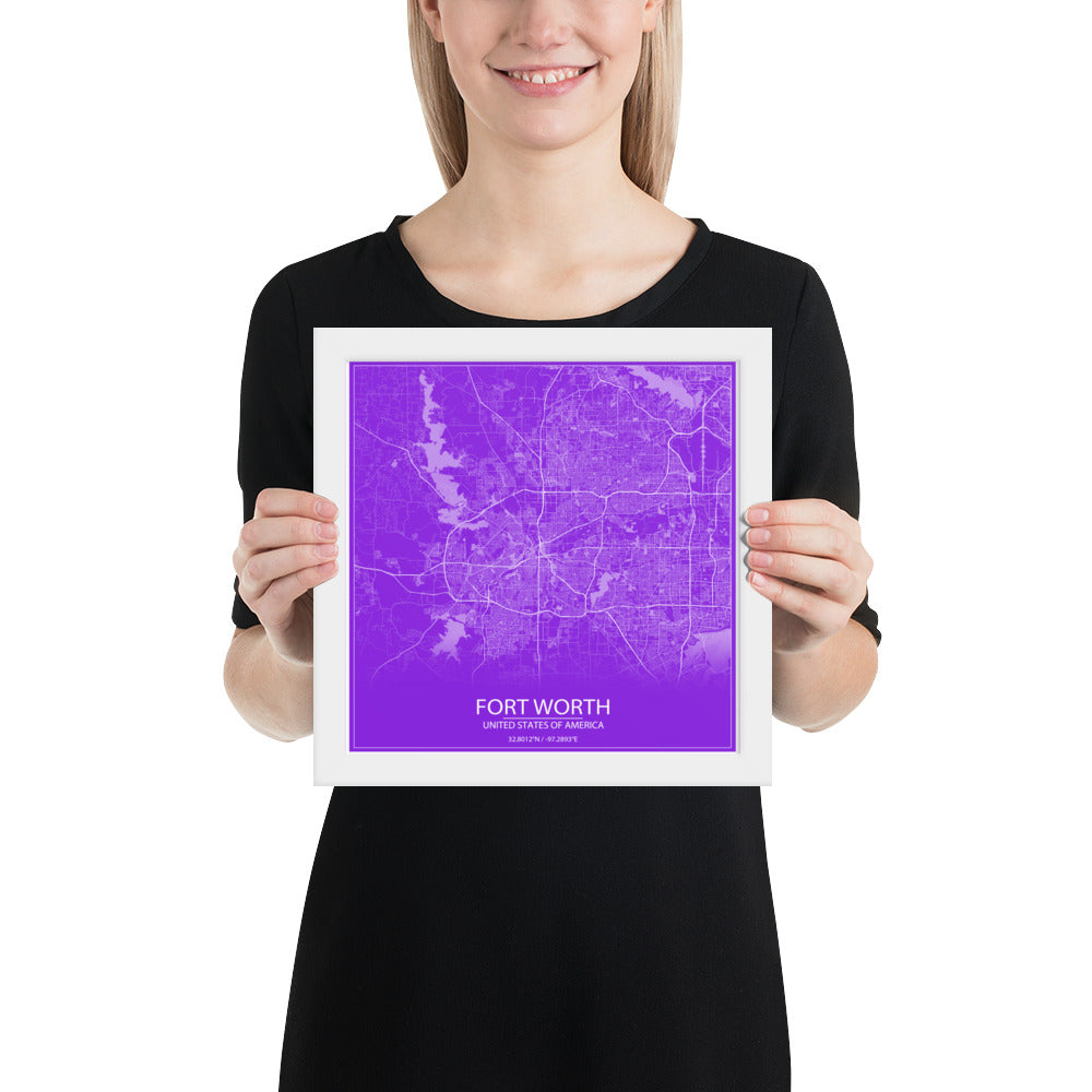 Fort Worth Purple and White Framed Map