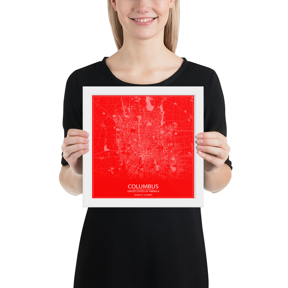 Columbus Red and White Framed Map