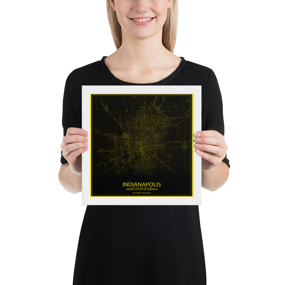 Indianapolis Black and Yellow Framed Map