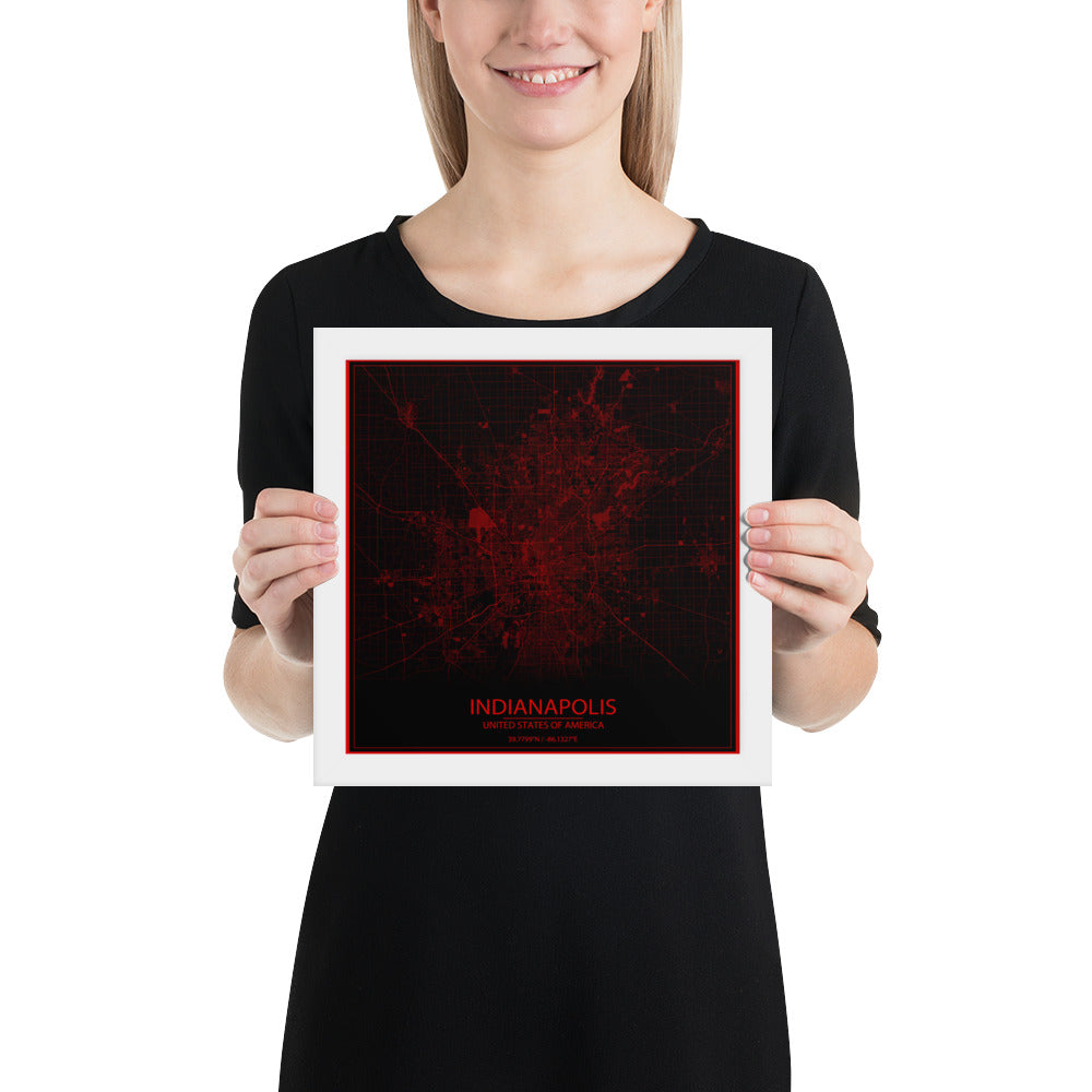 Indianapolis Black and Red Framed Map