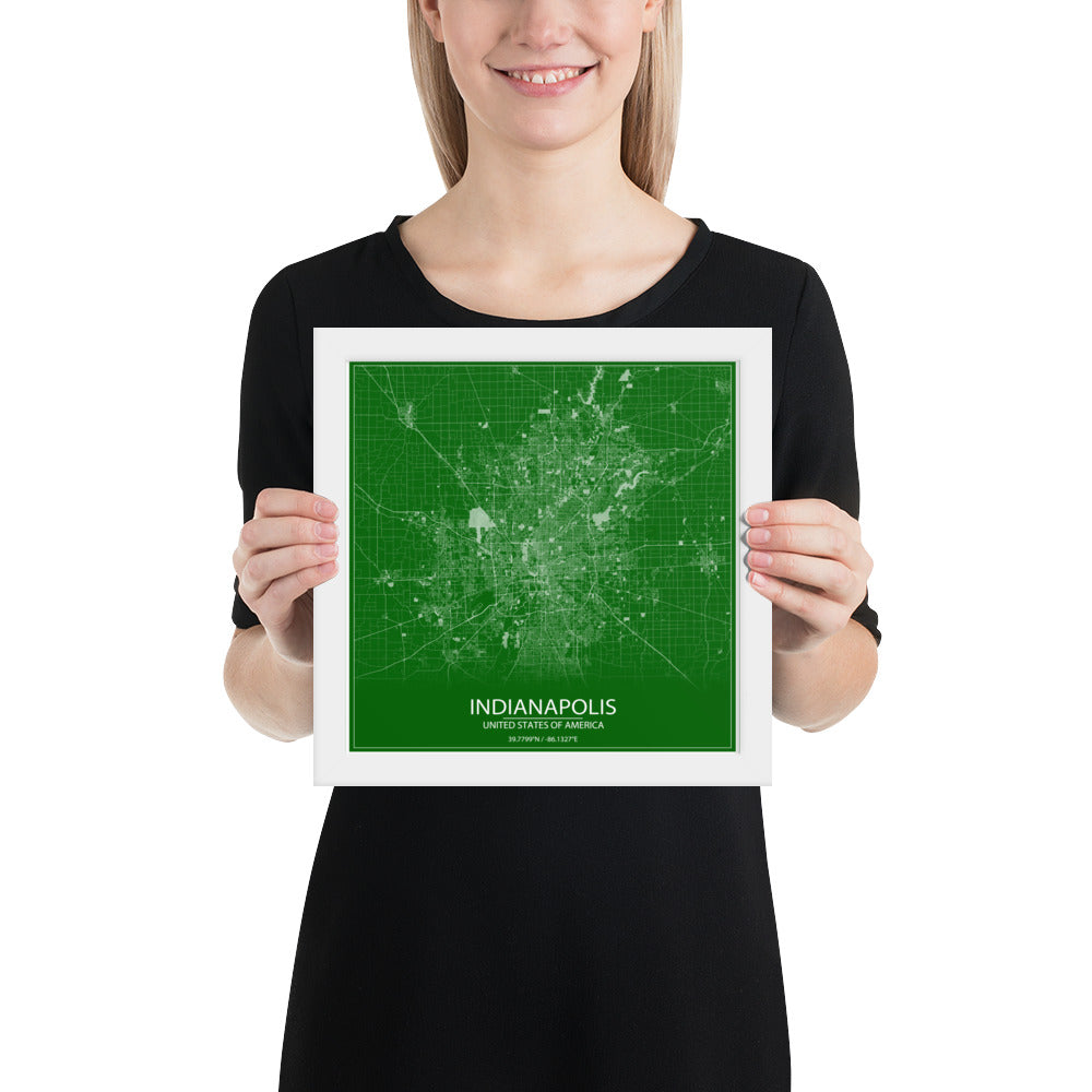 Indianapolis Green and White Framed Map