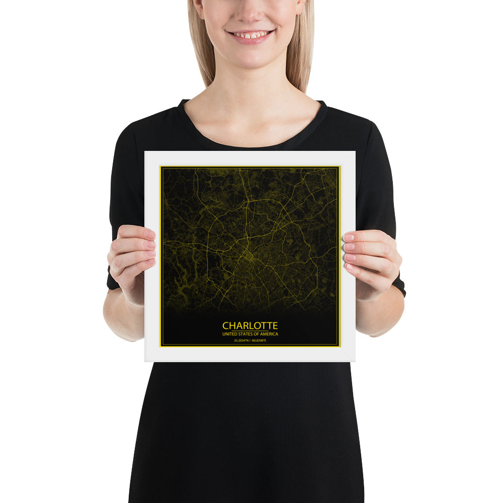 Charlotte Black and Yellow Framed Map