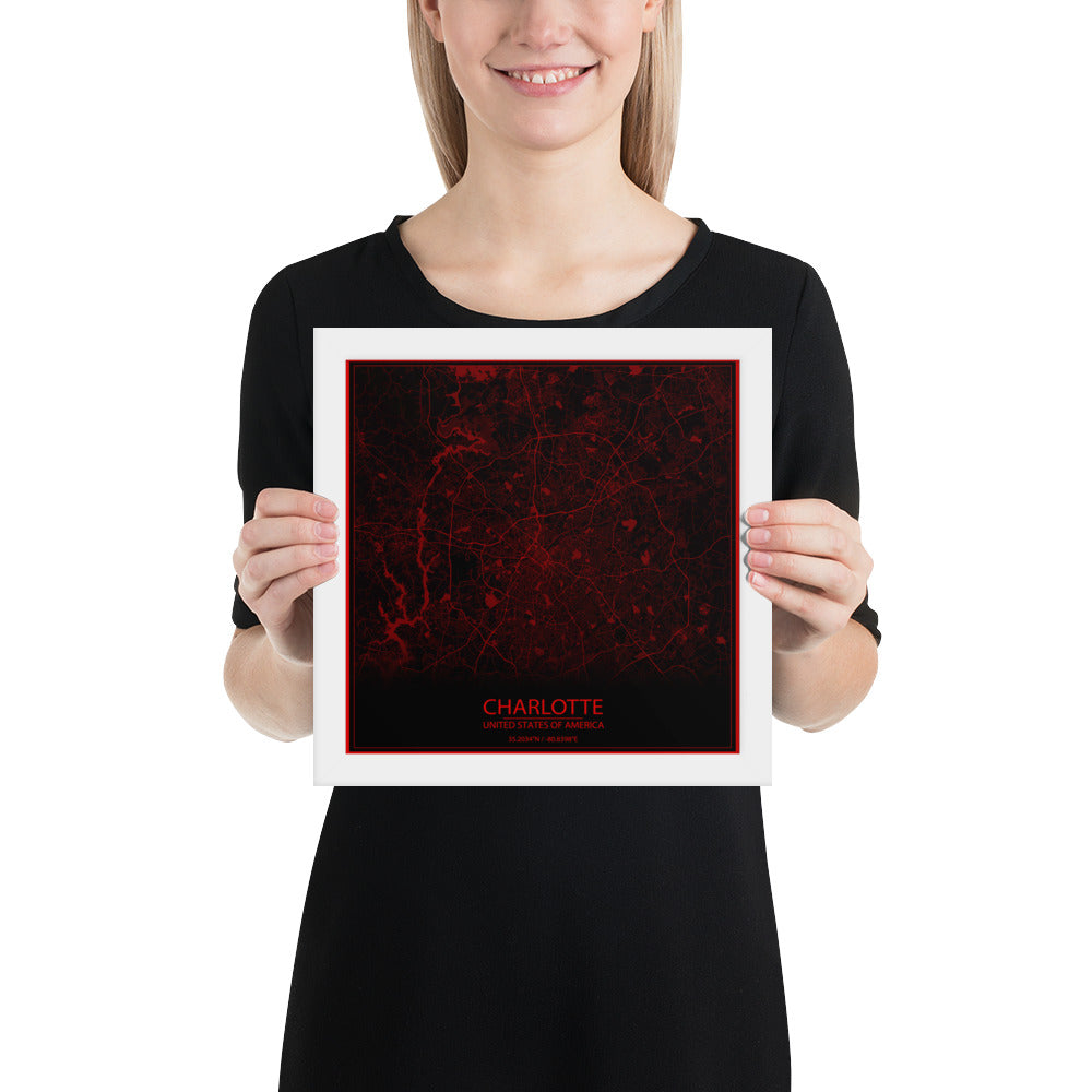 Charlotte Black and Red Framed Map