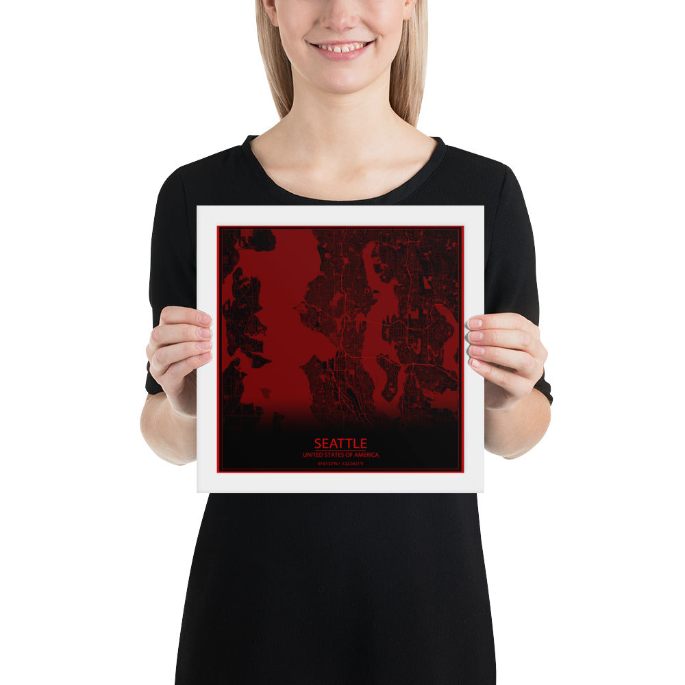 Seattle Black and Red Framed Map