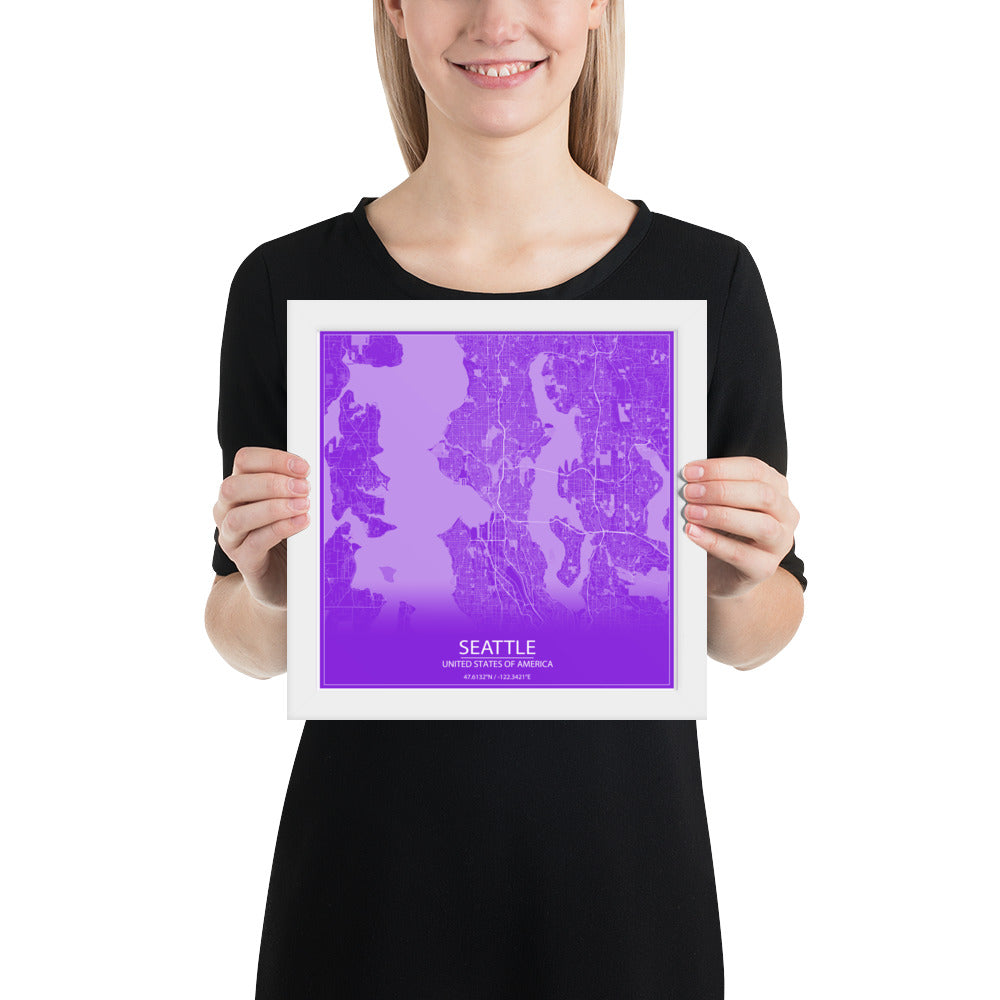 Seattle Purple and White Framed Map