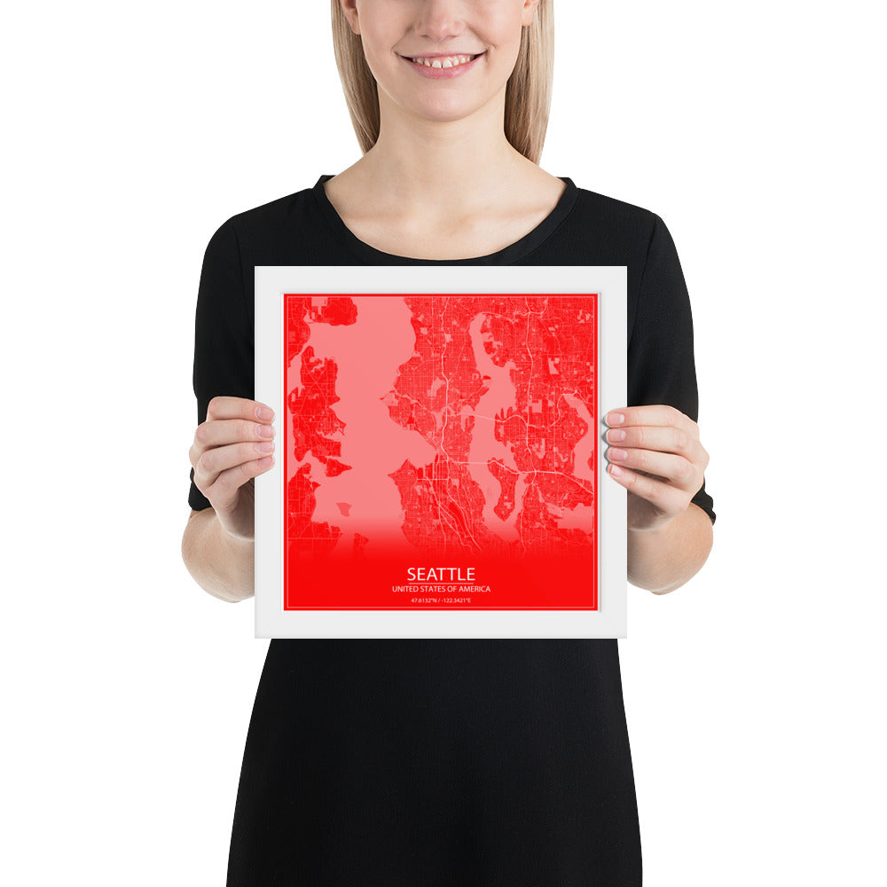 Seattle Red and White Framed Map