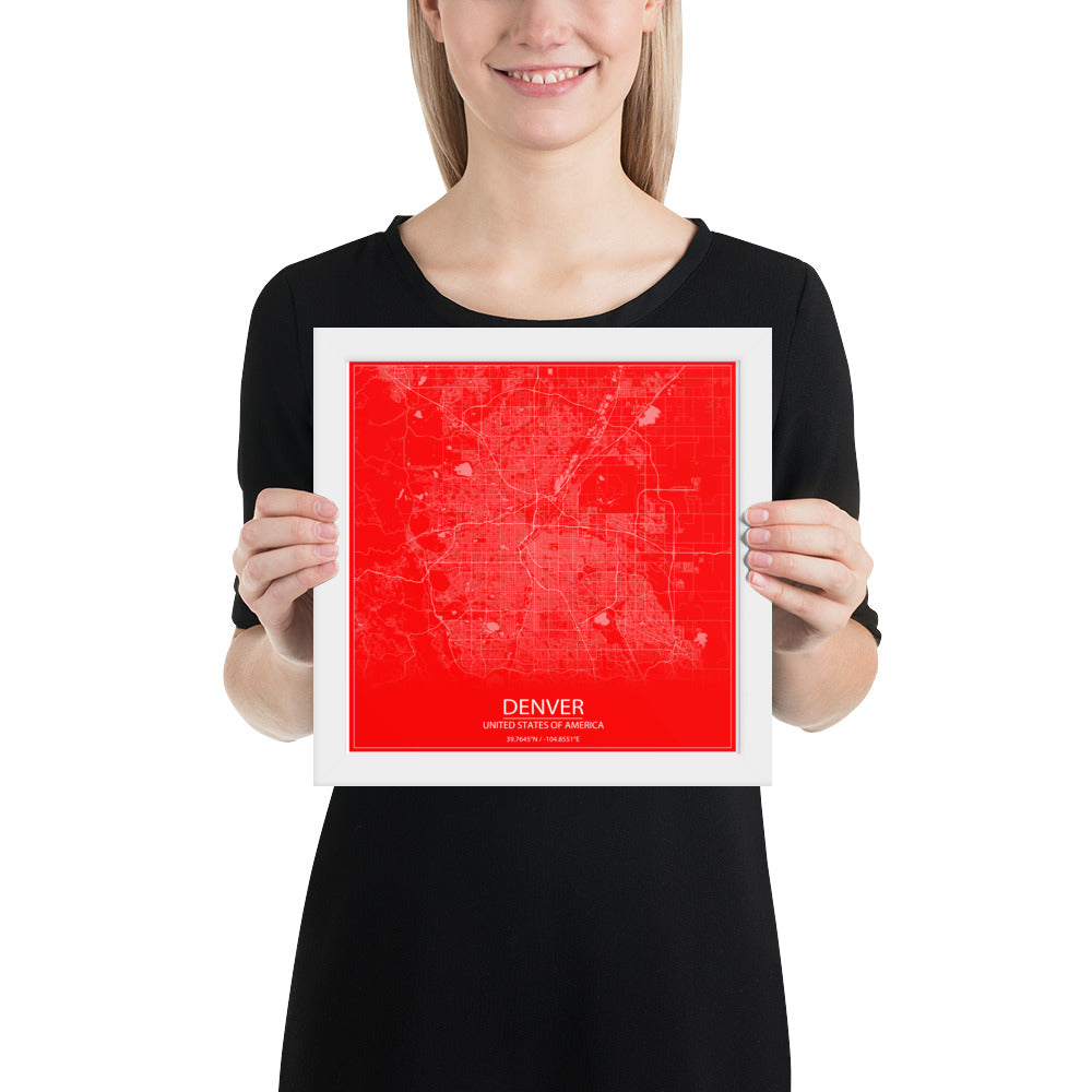 Denver Red and White Framed Map