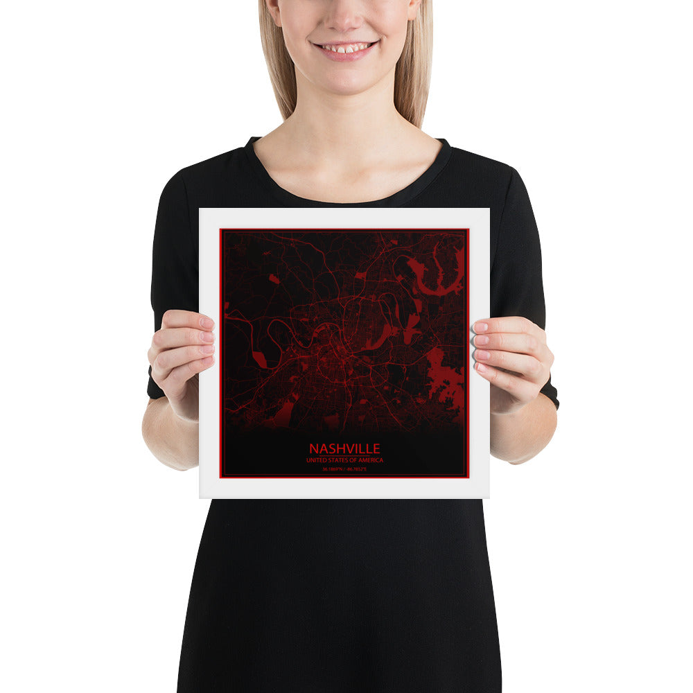 Nashville Black and Red Framed Map