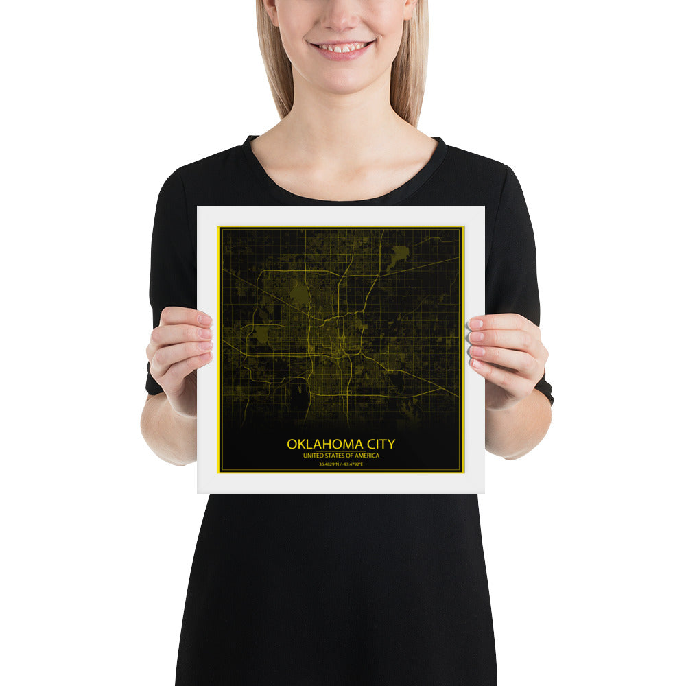 Oklahoma City Black and Yellow Framed Map