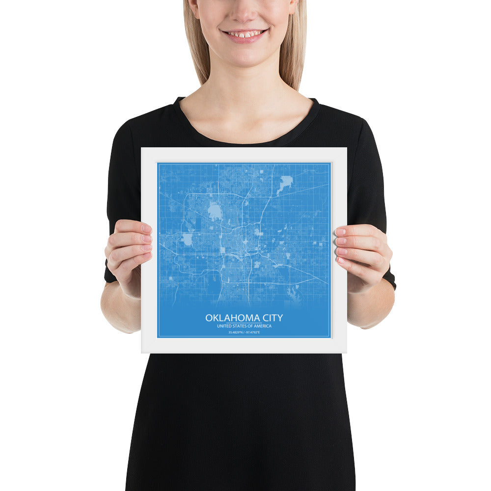 Oklahoma City Blue and White Framed Map