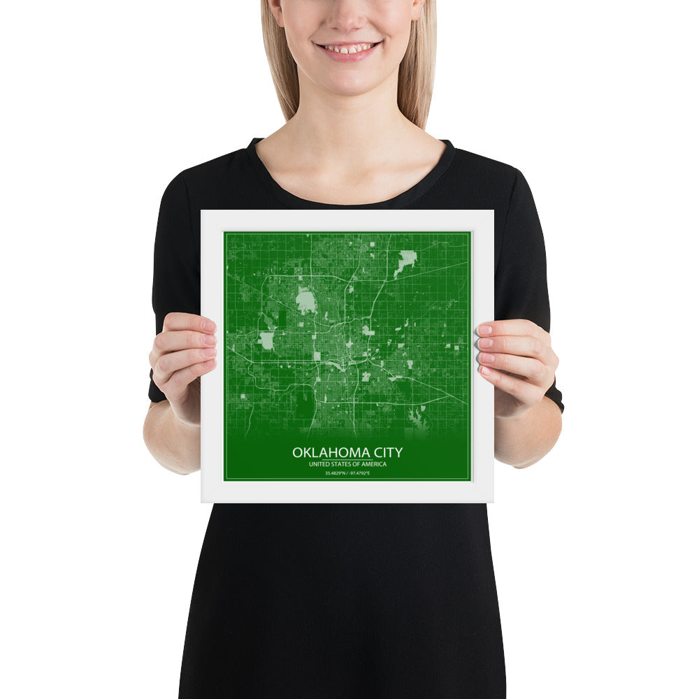 Oklahoma City Green and White Framed Map