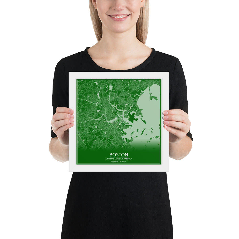 Boston Green and White Framed Map