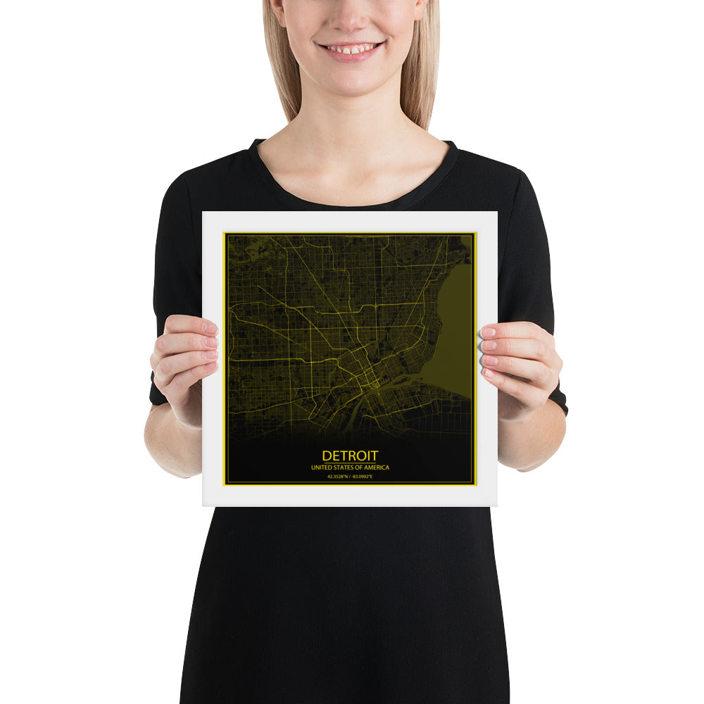 Detroit Black and Yellow Framed Map