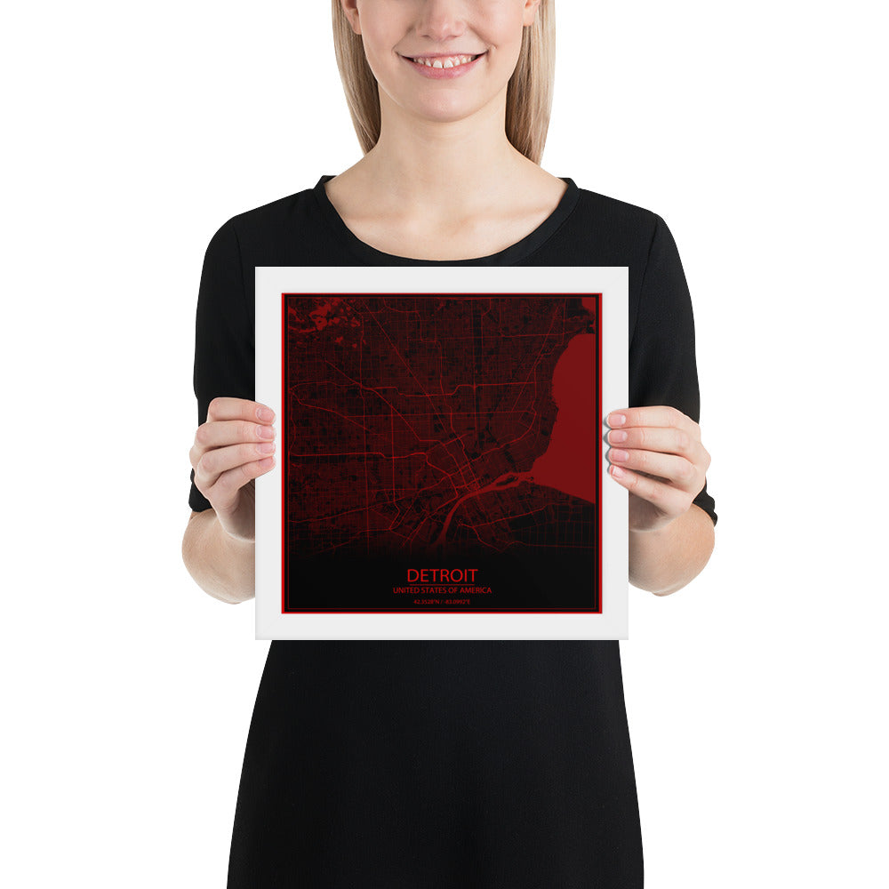 Detroit Black and Red Framed Map