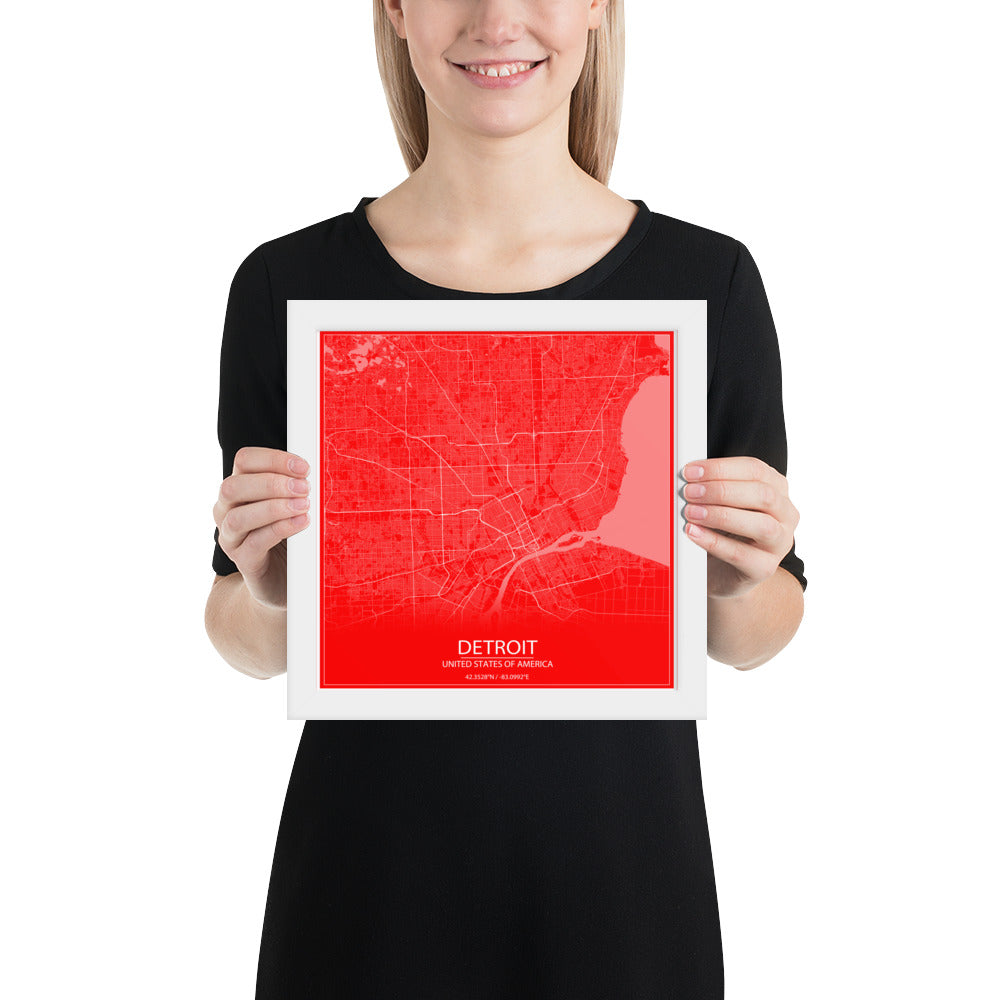 Detroit Red and White Framed Map