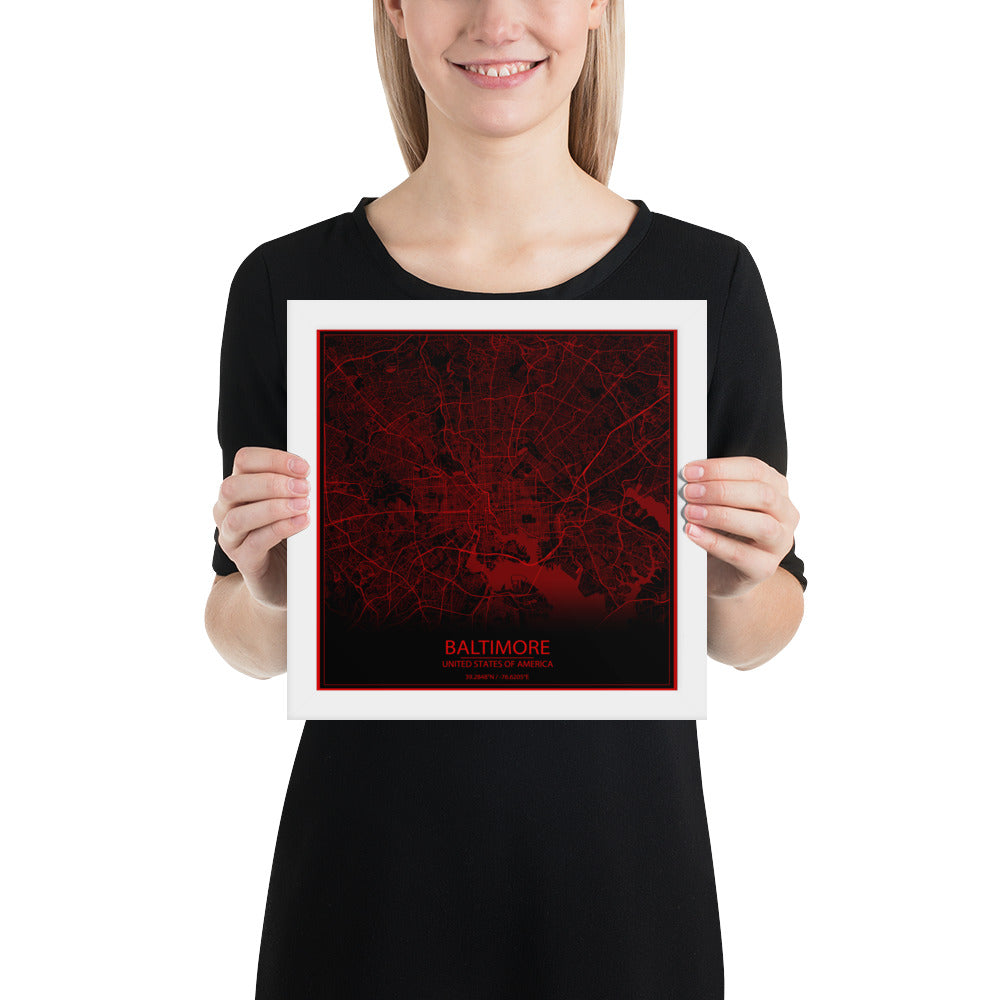 Baltimore Black and Red Framed Map