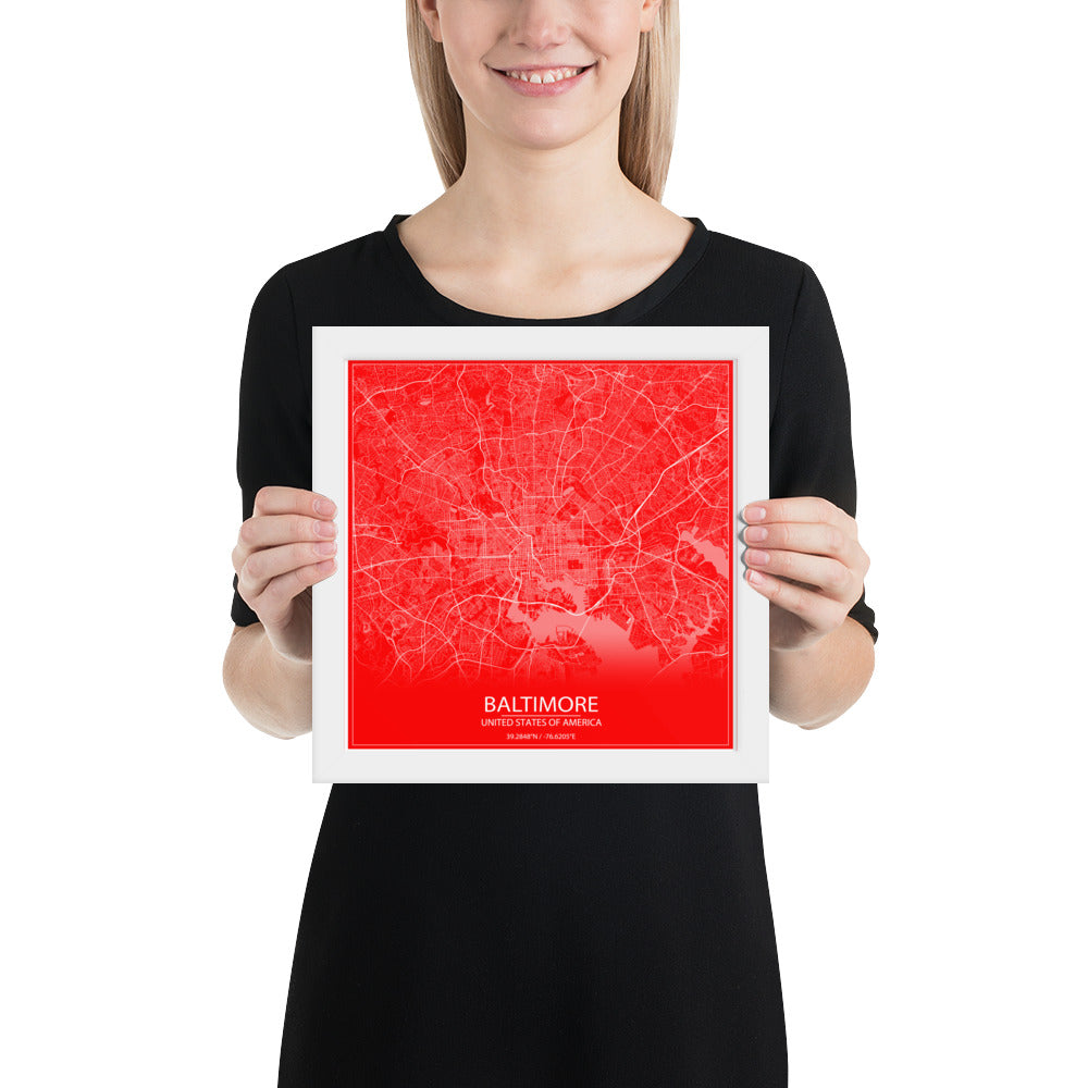 Baltimore Red and White Framed Map