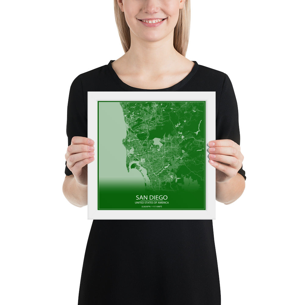 San Diego Green and White Framed Map