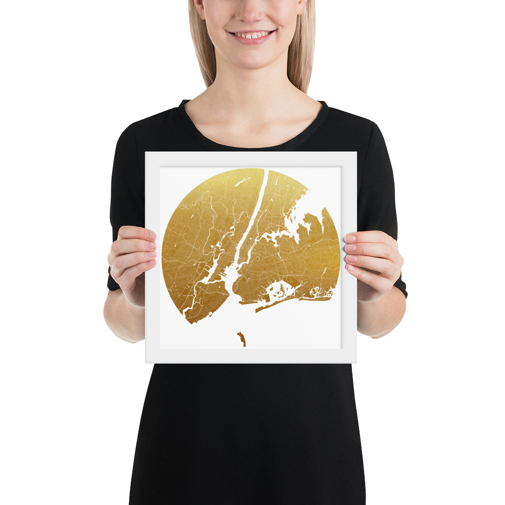 New York Gold on White Framed Map