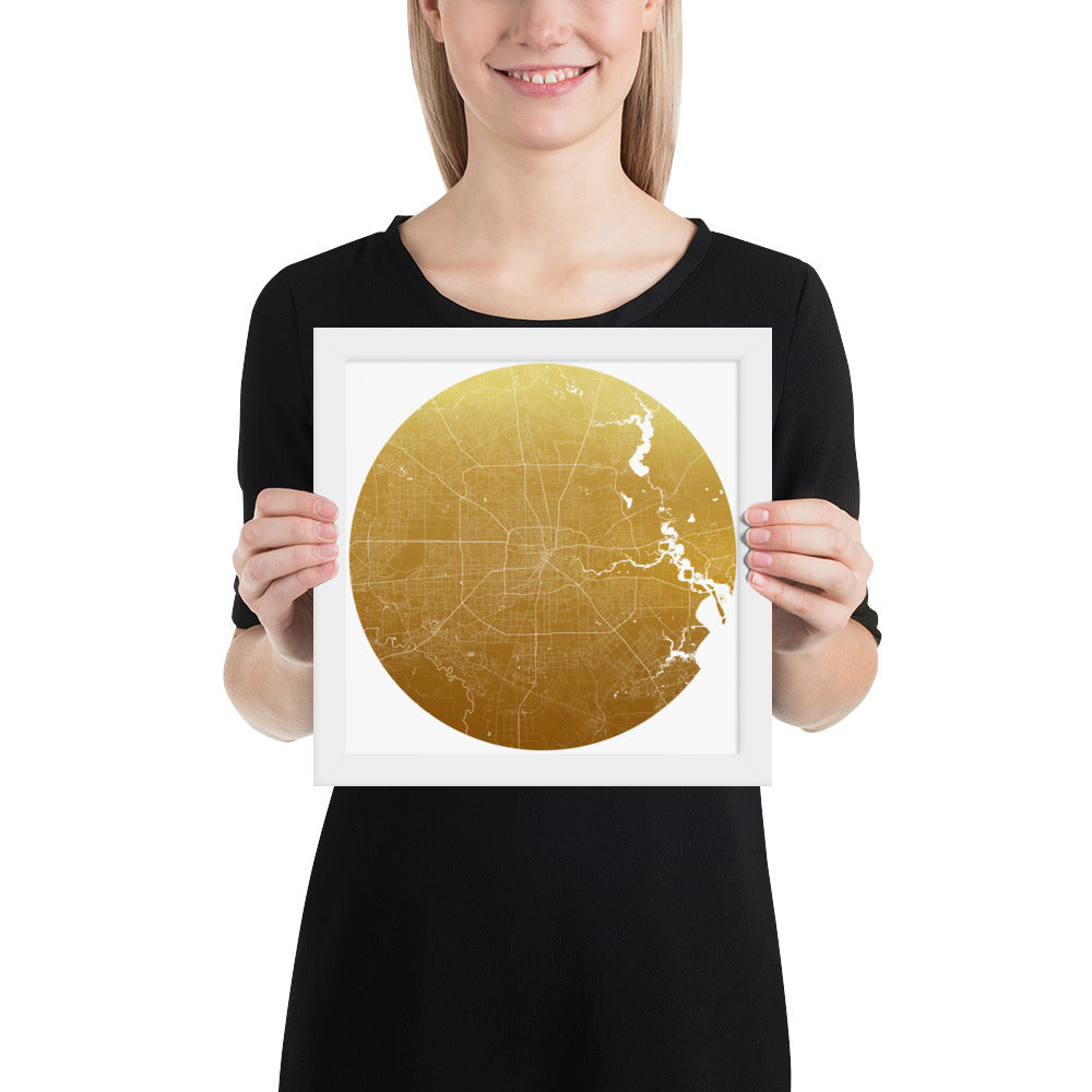 Houston Gold on White Framed Map