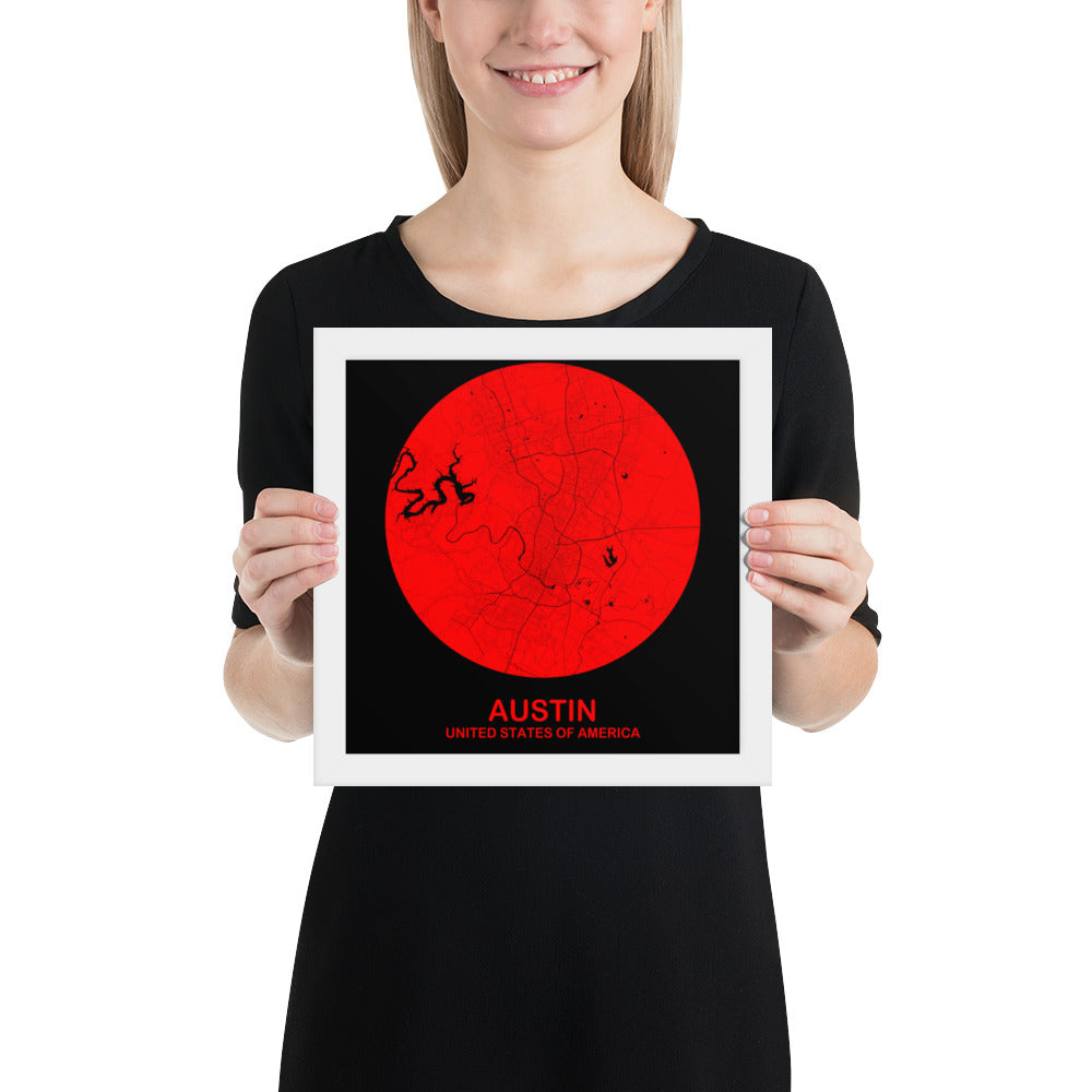 Austin Circular Red Framed Map