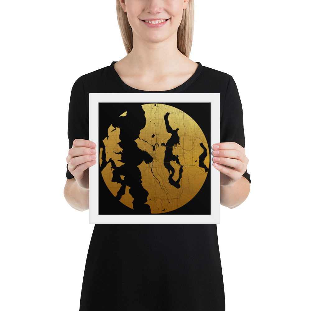 Seattle Gold on Black Framed Map