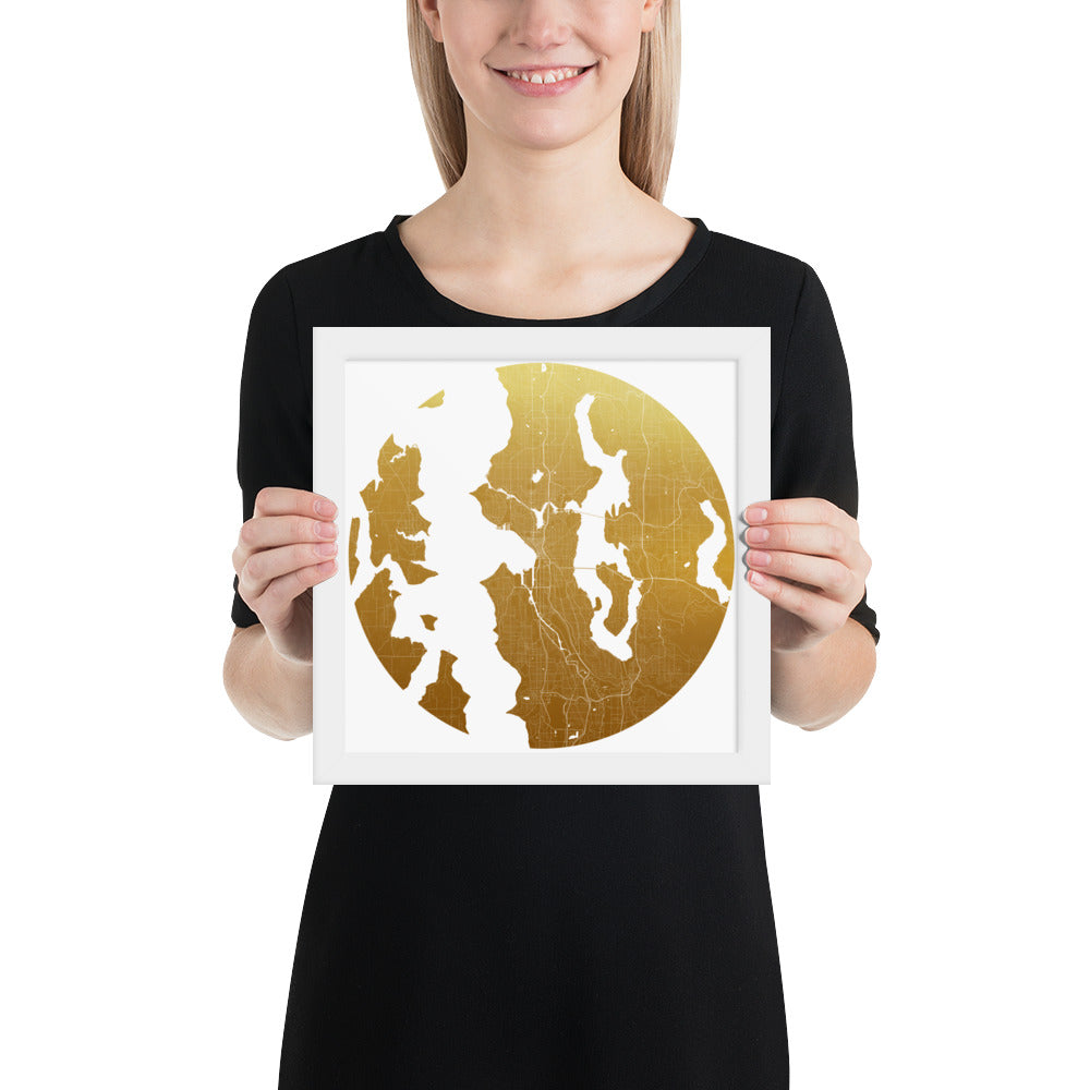 Seattle Gold on White Framed Map