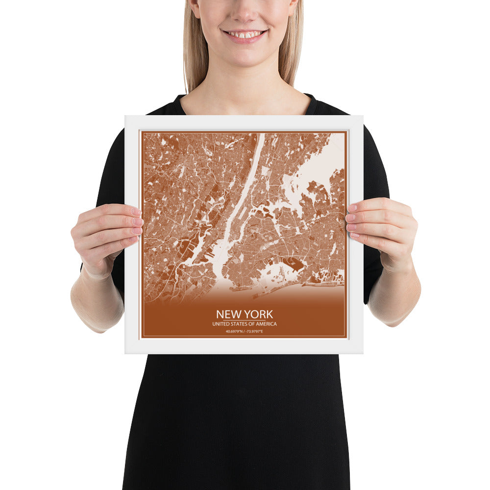 New York Brown and White Framed Map