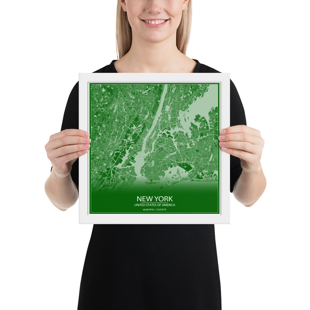 New York Green and White Framed Map