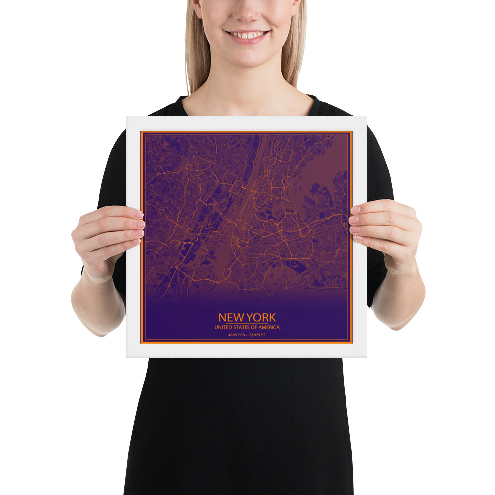 New York Purple and Orange Framed Map