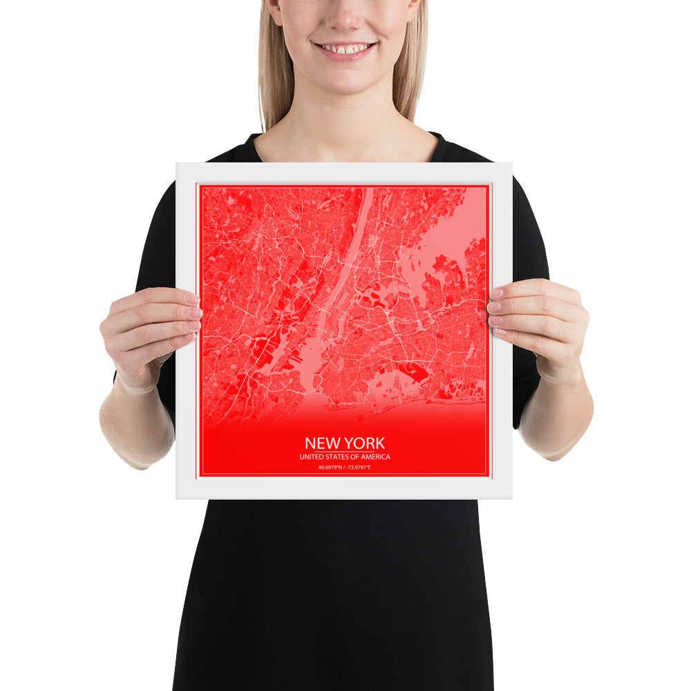 New York Red and White Framed Map