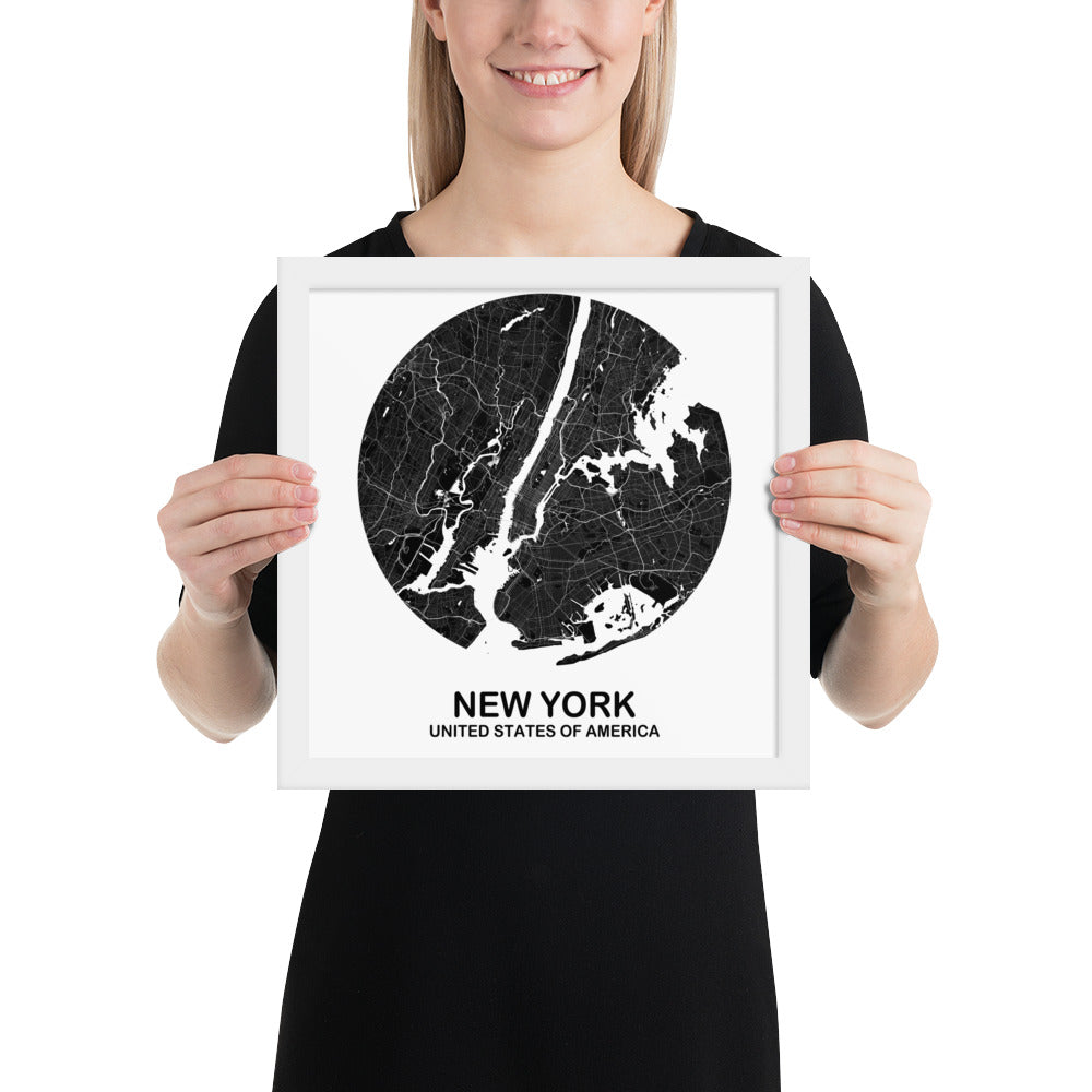 New York Circular Black Framed Map