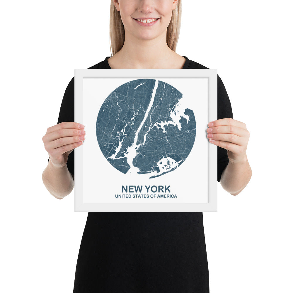 New York Circular Blue Framed Map