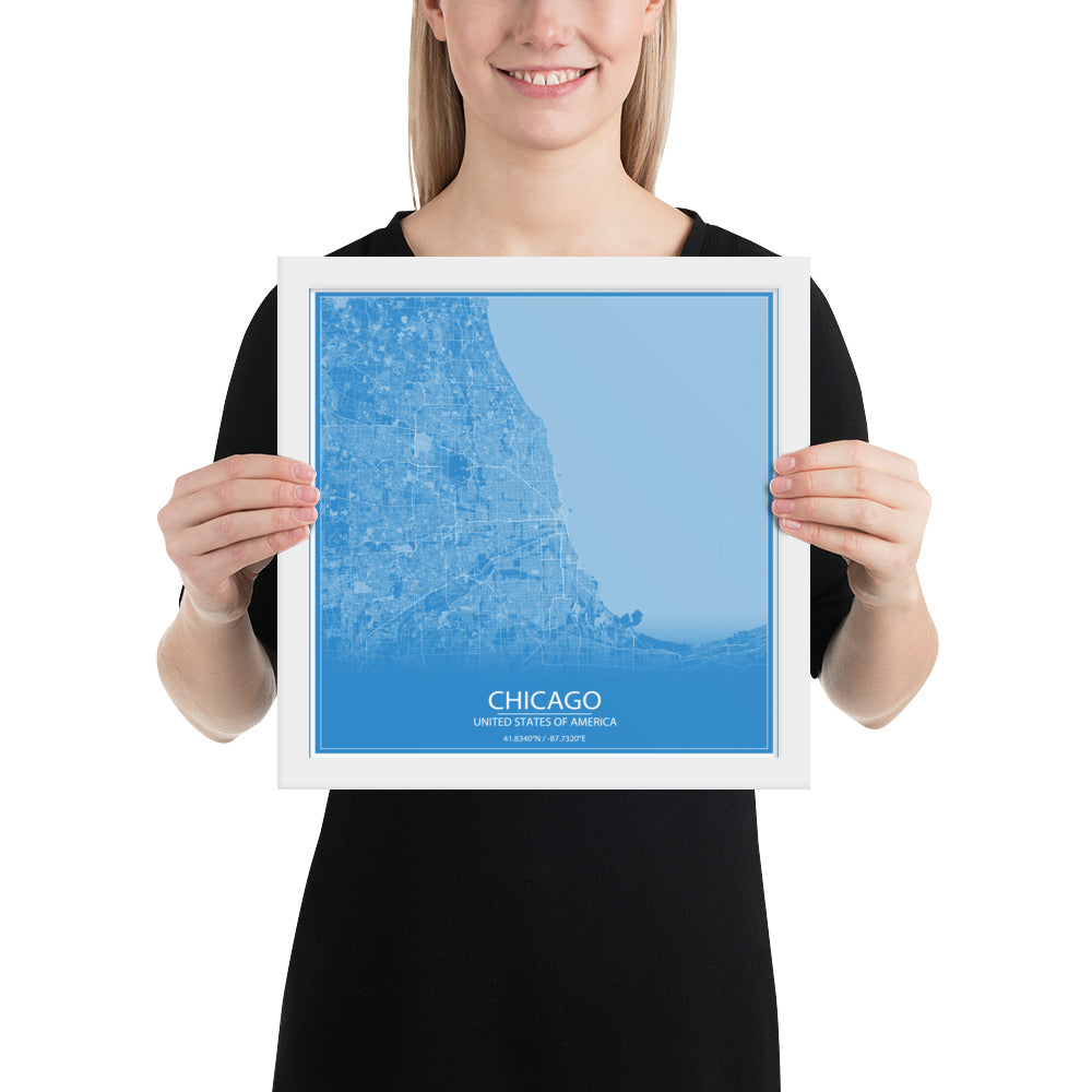 Chicago Blue and White Framed Map