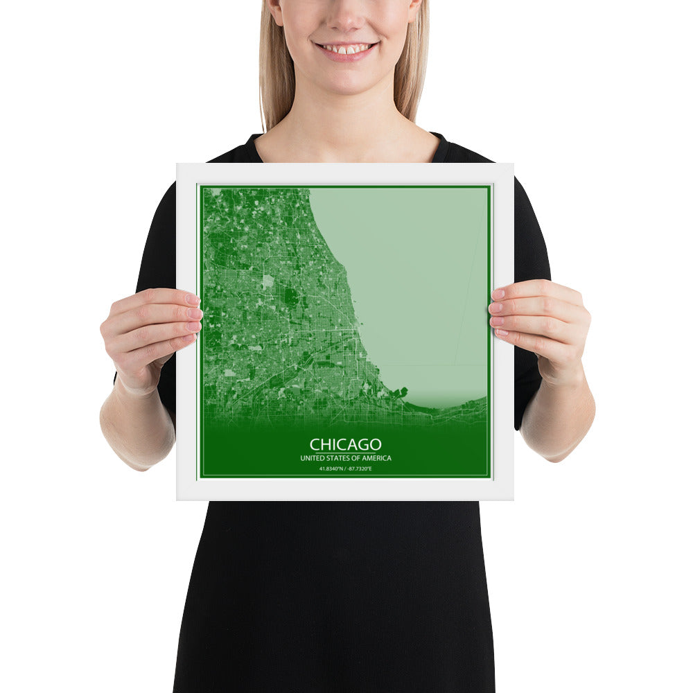 Chicago Green and White Framed Map