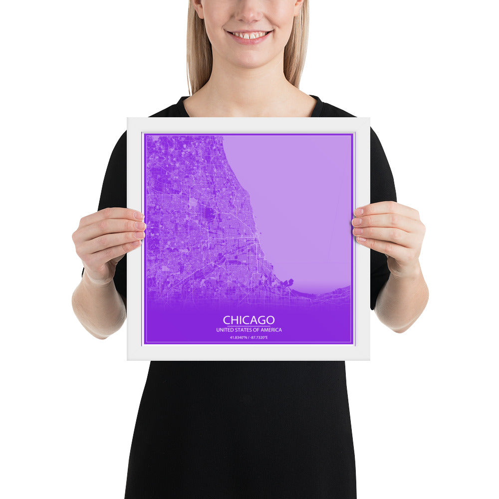 Chicago Purple and White Framed Map