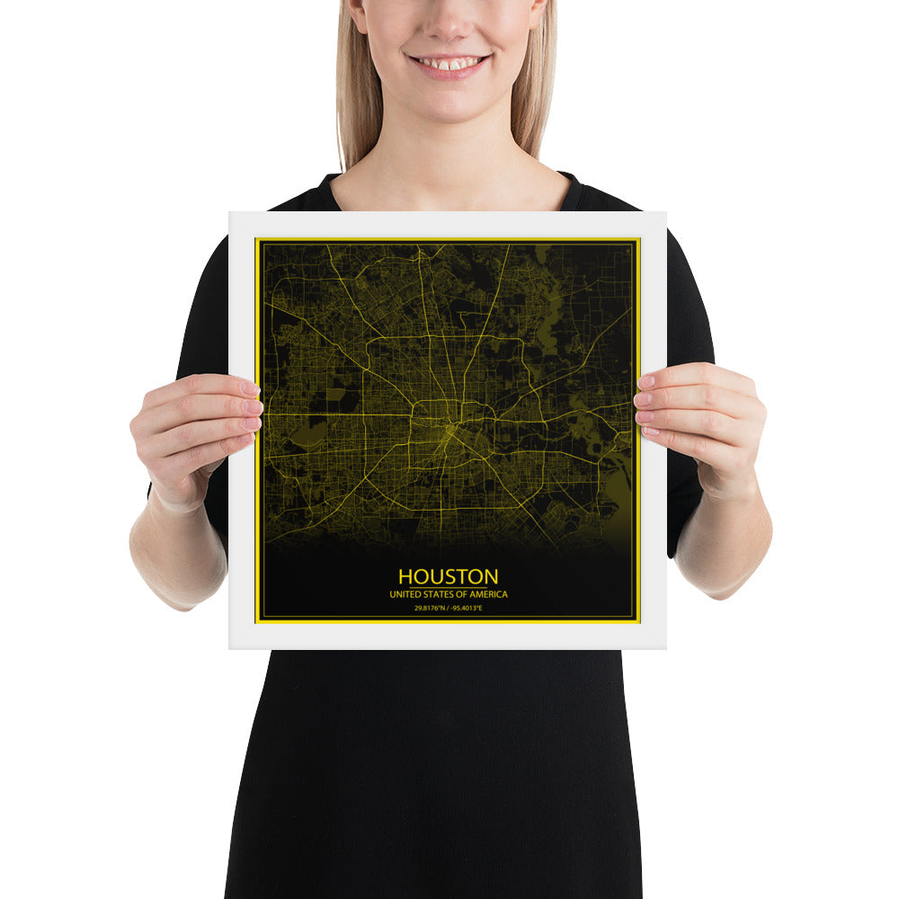 Houston Black and Yellow Framed Map