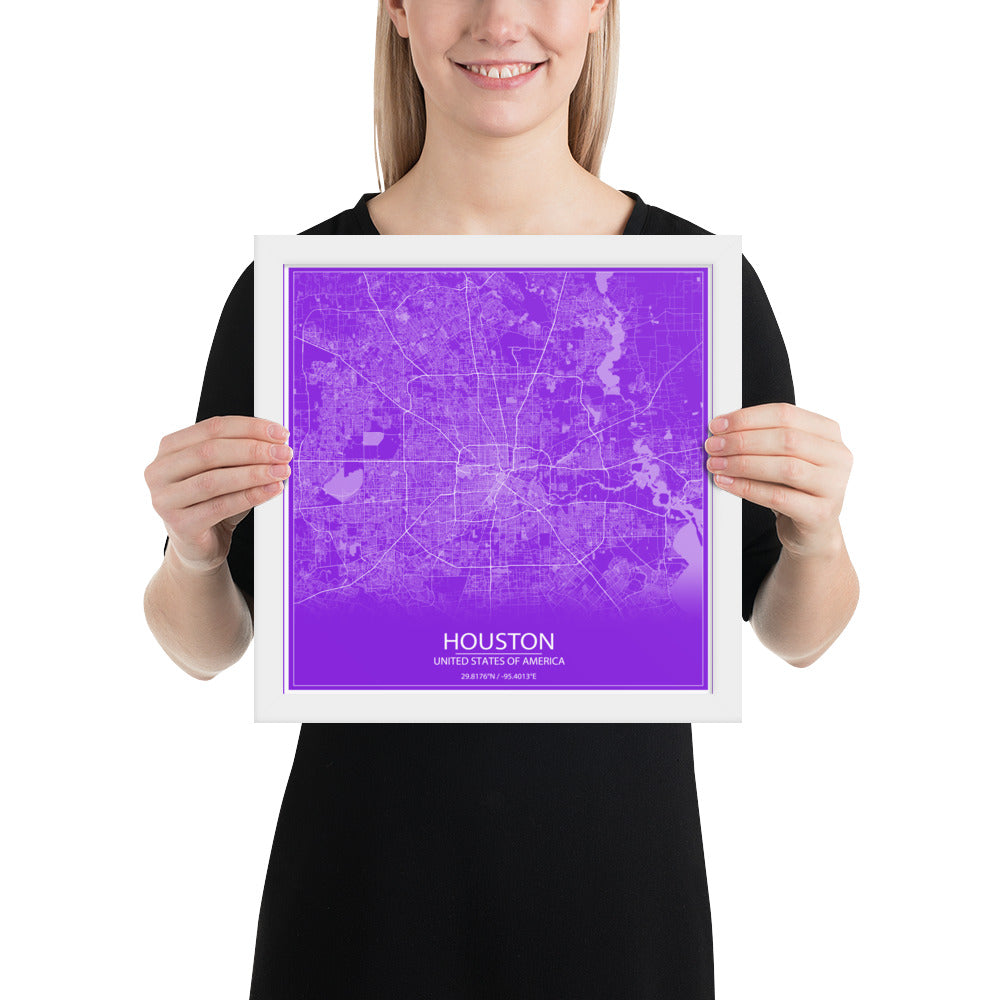 Houston Purple and White Framed Map