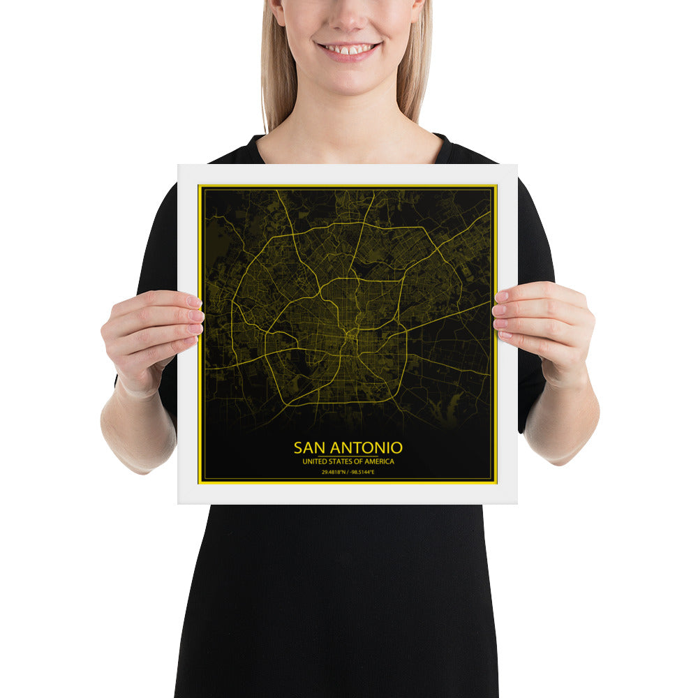 San Antonio Black and Yellow Framed Map