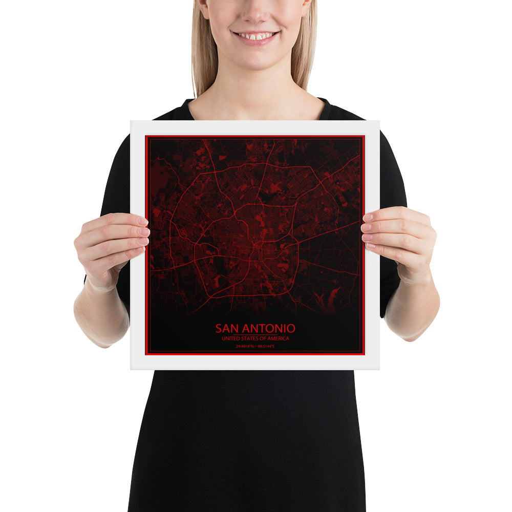 San Antonio Black and Red Framed Map