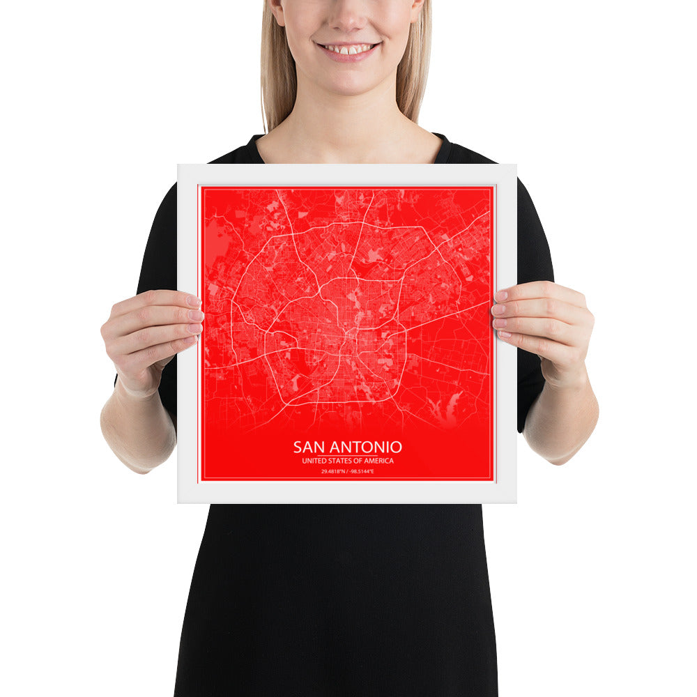 San Antonio Red and White Framed Map