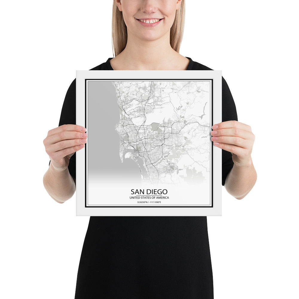 San Diego White Framed Map