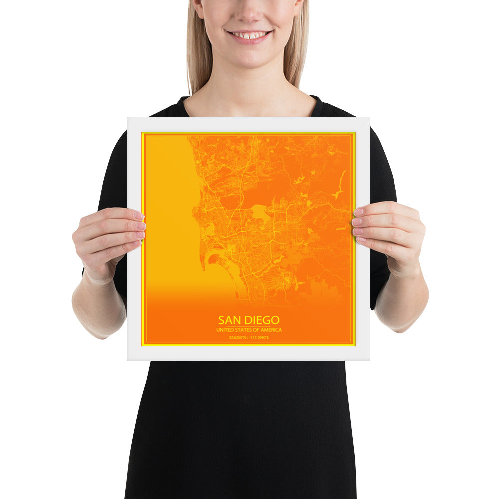 San Diego Orange and Yellow Framed Map