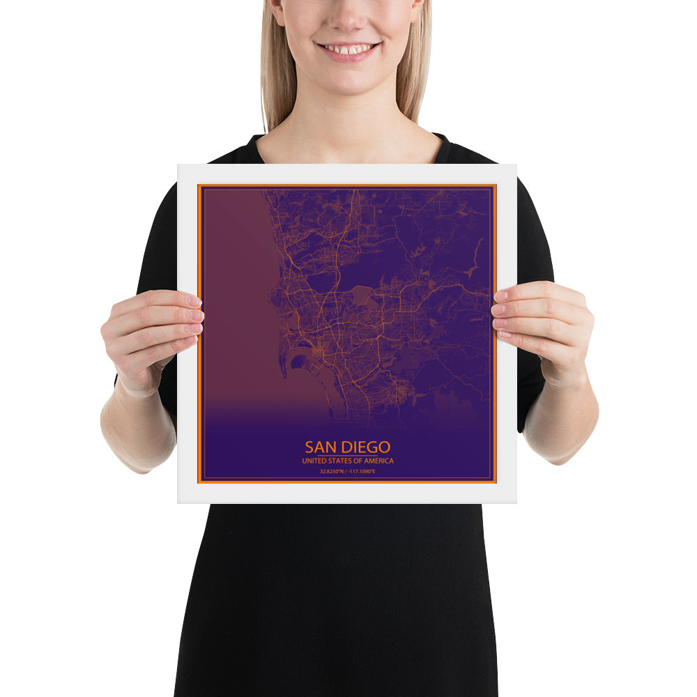 San Diego Purple and Orange Framed Map