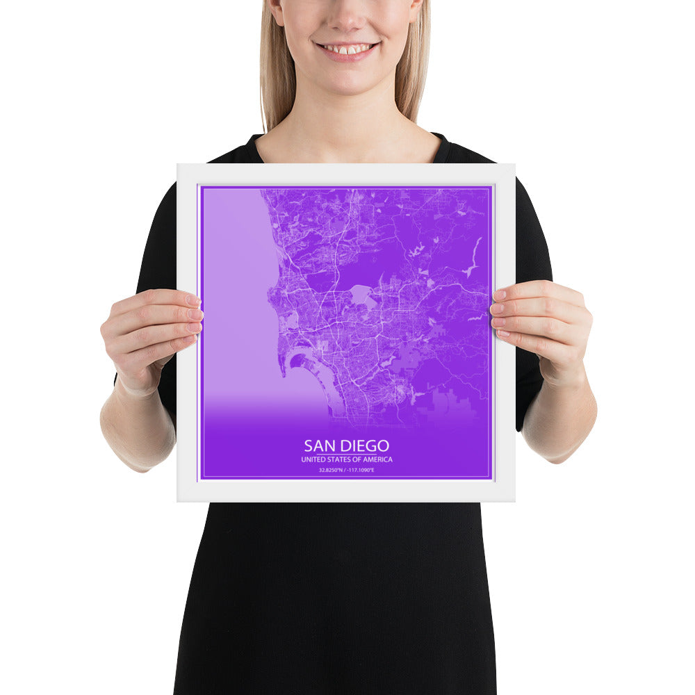 San Diego Purple and White Framed Map