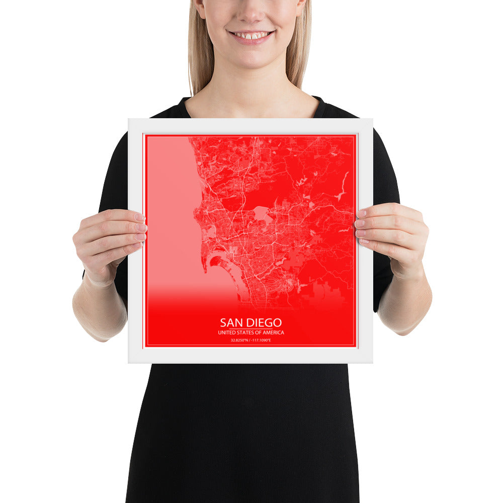 San Diego Red and White Framed Map