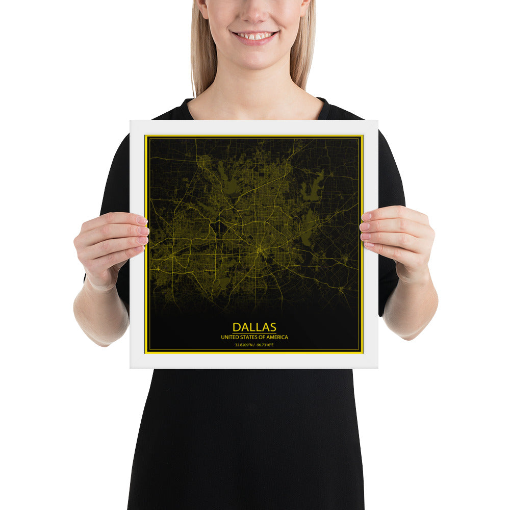 Dallas Black and Yellow Framed Map