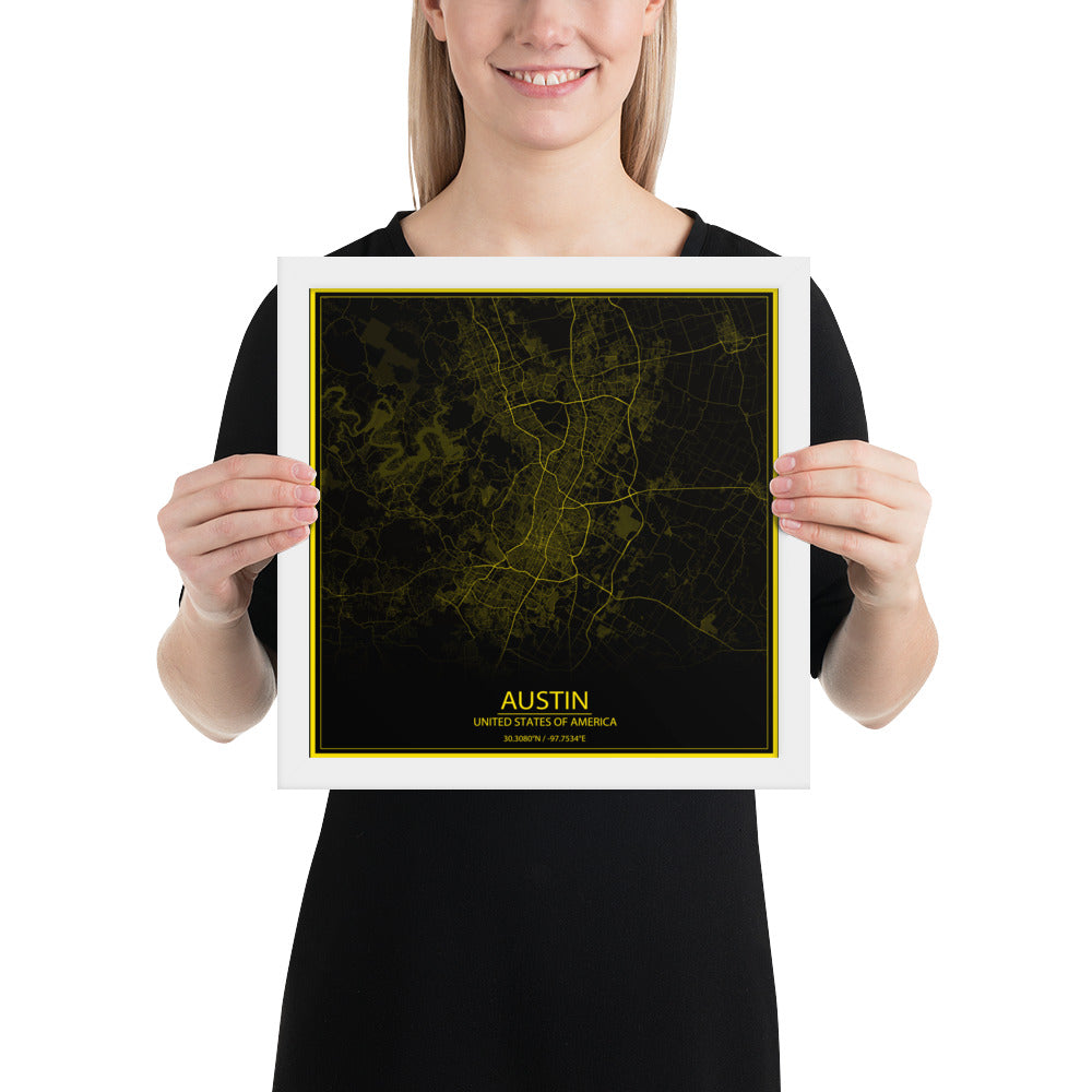 Austin Black and Yellow Framed Map