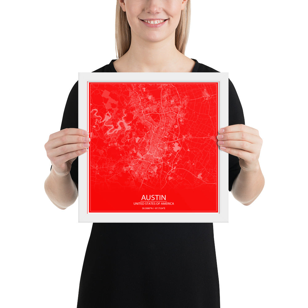 Austin Red and White Framed Map