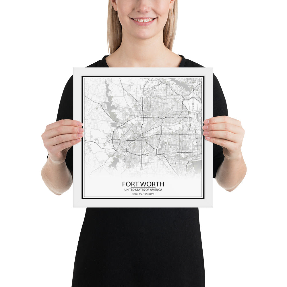 Fort Worth White Framed Map